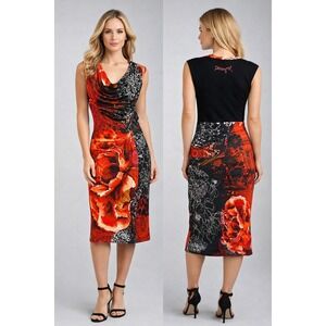 Desigual Spanish Art Dress Womens S Floral Lightwt Knit Bodycon Stretch Ruched